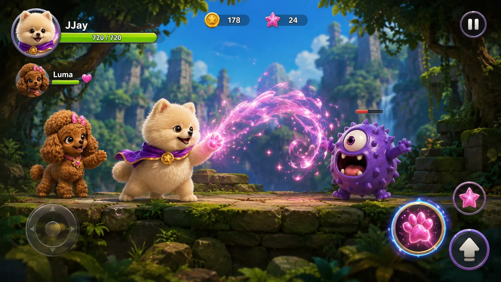 In-game UI mockup: JJay firing a stream of pink gum at a purple monster, with heart, coin and star counters