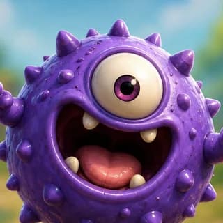 Un mostro di gomma viola, tondo e con un occhio solo, con un sorriso felice