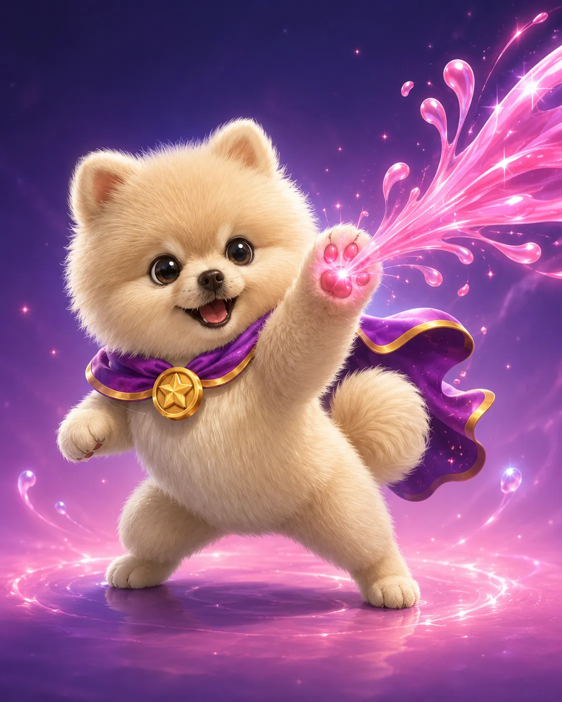 Character key art of JJay mid-leap, cape flying, casting pink gum magic