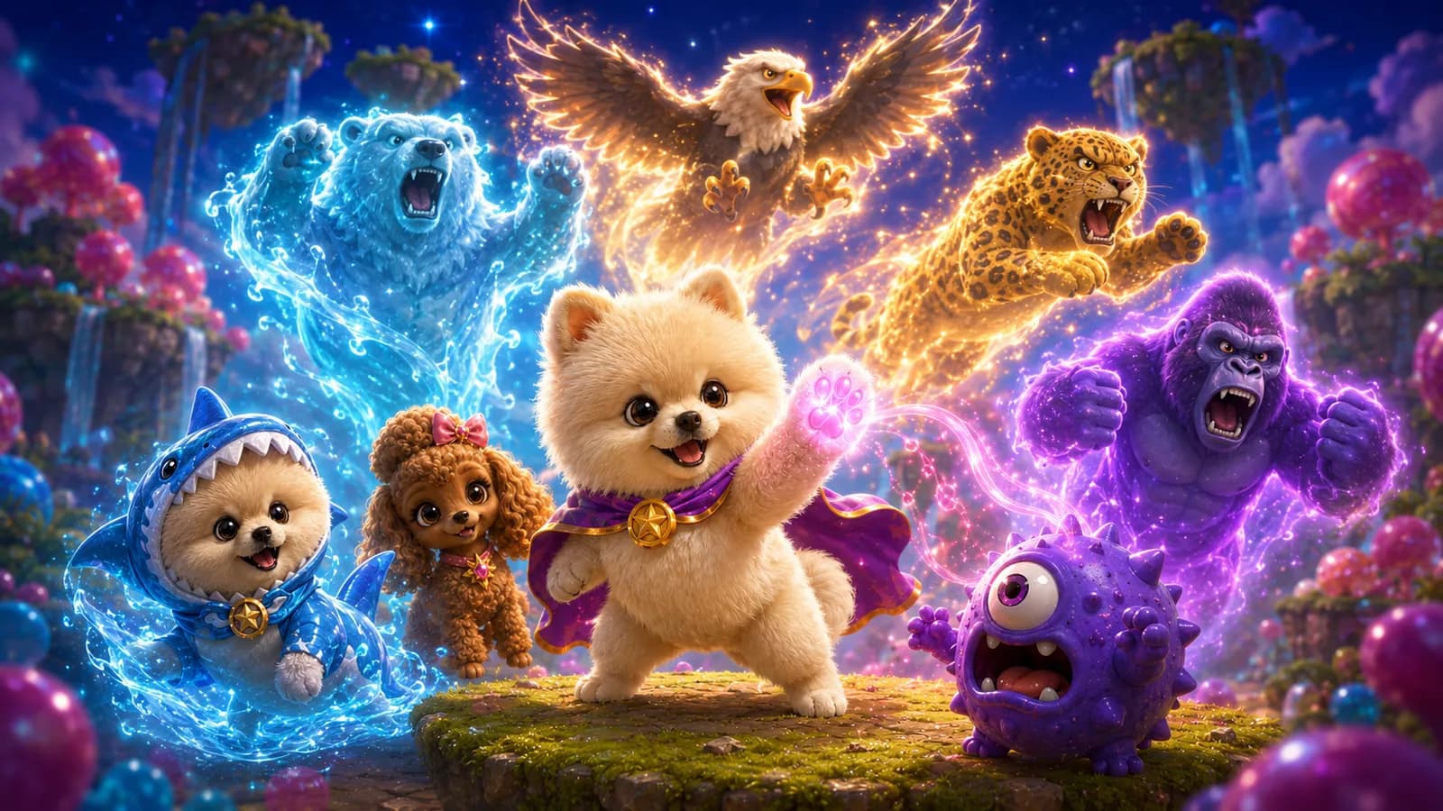 JJay and Luma surrounded by glowing animal spirits — an eagle, a leopard and a bear — bursting with magical light