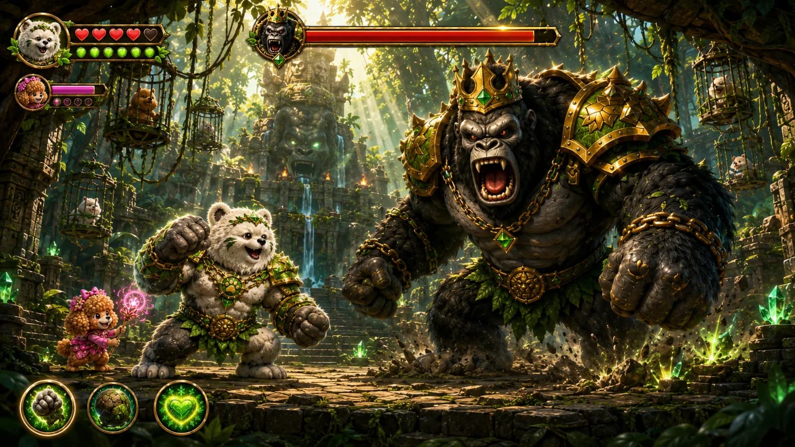 Fotogramma concept di una boss fight nella giungla tra un guardiano di foglie e un re gorilla corrotto