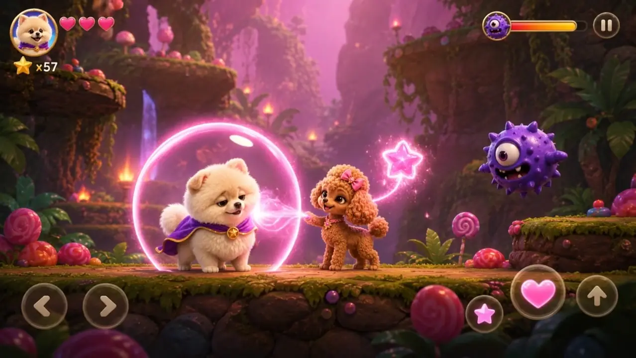 Gameplay concept: JJay shooting a stream of pink gum at a purple monster in jungle ruins, with coin and star counters